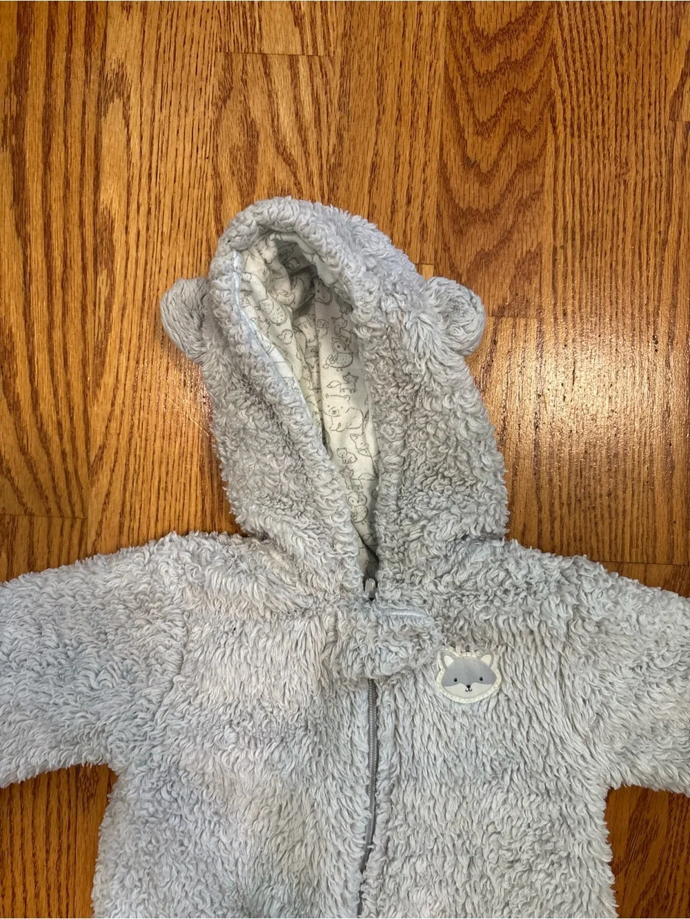 Cozy Gray Plush Hooded Baby bunting snowsuit 3 months One-Piece bear ears hood